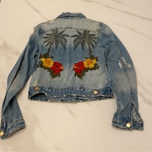 Boom Boom Jeans - Palm Tree & Flower Embroidered Jean Jacket - Size S
